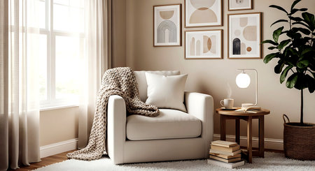 Living room interior with armchair, books, lamp and plant. 3d renderの素材