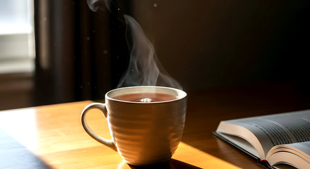 Cup of hot tea with steam and book on the wooden tableの素材