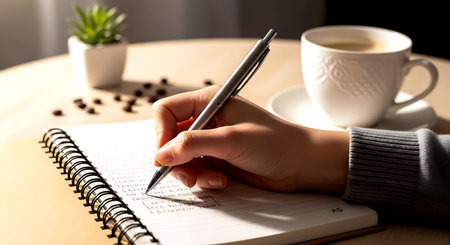 Female hand writing in a notebook with cup of coffee on the tableの素材