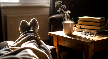 A cup of coffee and a book on a wooden table in a dark roomの素材