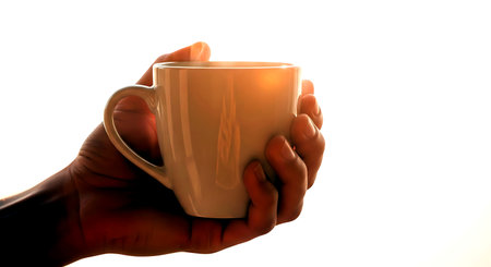Hand holding a cup of coffee isolated on white background with clipping pathの素材