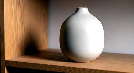 White vase on a wooden shelf in the interior of the roomの素材