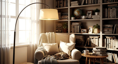 Comfortable armchair in living room with bookshelf and lampの素材