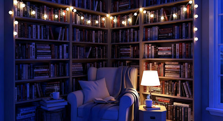3d rendering of a bookcase with books and a lamp in the nightの素材