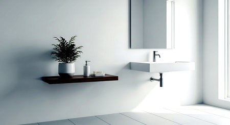 Bathroom with white walls, tiled floor, white bathtub and sink. 3d renderingの素材