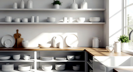 3d Illustration of white modern kitchen in a house with a beautiful designの素材