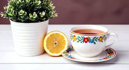 Cup of tea with lemon on a white wooden table, verticalの素材