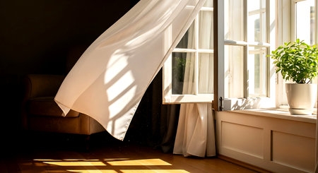 interior of a modern apartment, white curtains on the windowsillの素材