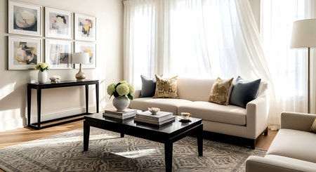 interior of a modern living room with white sofa and coffee tableの素材