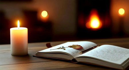 Open book with burning candle on a wooden table in front of the fireplaceの素材