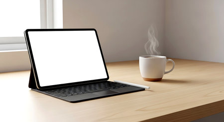 Laptop with blank screen and coffee cup on wooden table in officeの素材