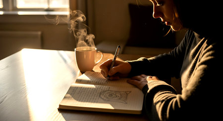 Woman writing in diary at home with cup of hot drink and smokeの素材
