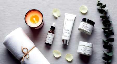 Set of cosmetic products with eucalyptus leaves and candleの素材