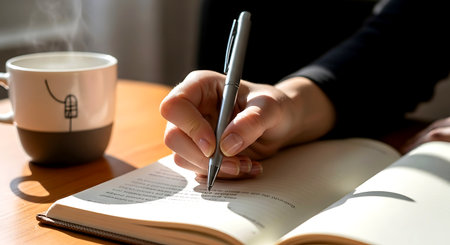 Woman writing in diary with pen and cup of coffee on wooden tableの素材
