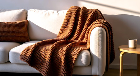 Cozy living room interior with sofa, coffee table and knitted blanketの素材