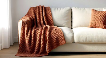 Comfortable sofa with plaid on light wall background, closeupの素材