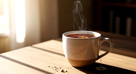 Cup of hot tea on wooden table in morning sunlight, closeupの素材