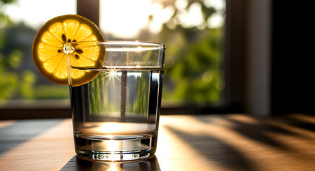 A glass of water with lemon slice on a wooden table in sunlightの素材