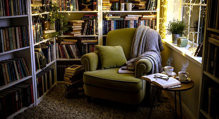Comfortable armchair in the living room with bookshelves and a cup of coffeeの素材