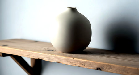 White ceramic vase on a wooden shelf in a room with a blurred backgroundの素材