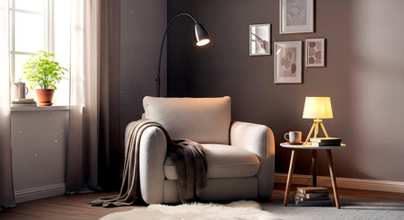 Living room interior with armchair and lamp. 3d render.の素材