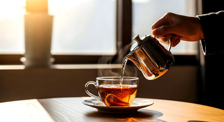 Pouring hot tea from teapot into cup on wooden tableの素材