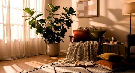 Cozy living room interior with armchair, pillows and plantsの素材