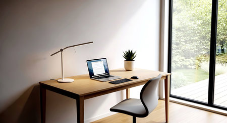 Workplace with laptop and lamp on wooden table. 3d renderingの素材