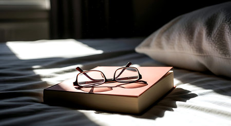 Book and eyeglasses on the bed in the morning light.の素材