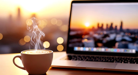 Cup of coffee and laptop on the wooden table with cityscape backgroundの素材