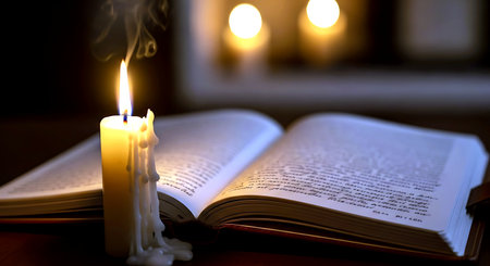 Candle and Holy Bible in the dark. Selective focus.の素材