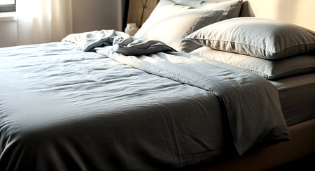 Comfortable soft pillows on the bed in the morning light.の素材