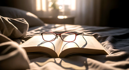Glasses on a book on the bed in the morning light.の素材