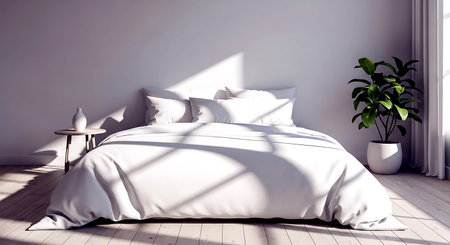 Modern bedroom interior design with white pillows, 3d render illustrationの素材