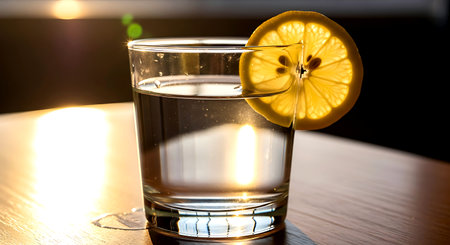 Glass of water with lemon slice on a wooden table in a barの素材