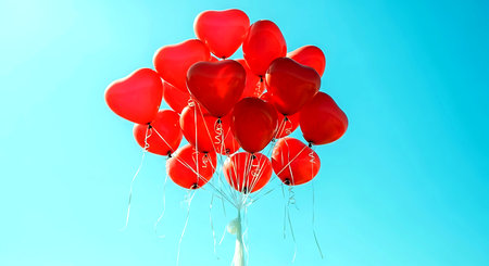 Red heart-shaped balloons on blue sky background. Valentines dayの素材