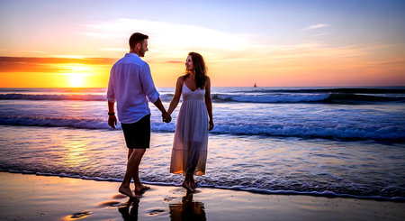 Romantic couple walking on the beach at beautiful sunset. Love concept.の素材