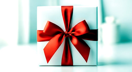 White gift box with red bow on a light background. 3d renderingの素材
