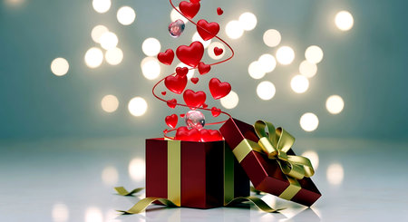 Gift box with red hearts and bokeh lights on backgroundの素材