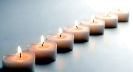 Burning candles in a row on a gray background. 3d renderingの素材
