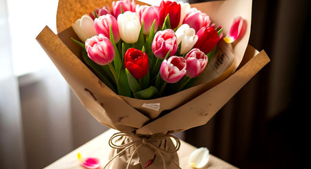 Bouquet of tulips in a vase on a tableの素材