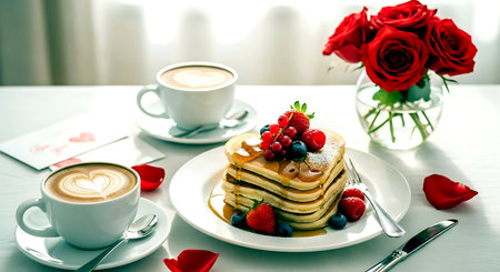 Valentine's day breakfast with pancakes and coffee on the tableの素材