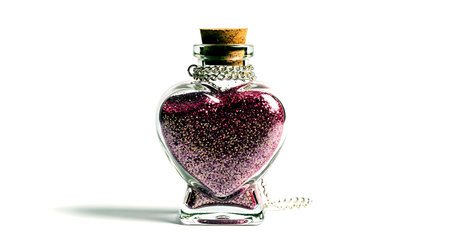 Bottle of perfume in the shape of a heart on a white backgroundの素材