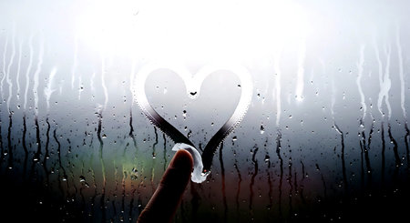 Hand holding heart shape on wet window with drops of rain. Love concept.の素材