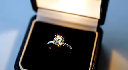 Wedding ring with a diamond in a black box close upの素材