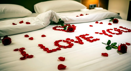 Wedding word made of red rose on bed in hotel roomの素材