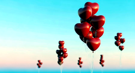 Valentine's day background with red heart-shaped balloons on blue skyの素材
