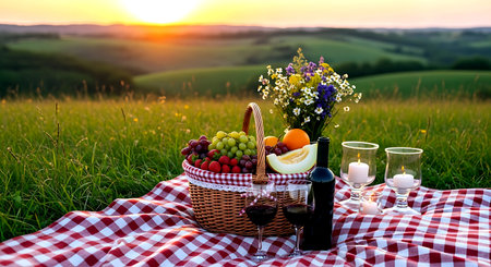 Picnic basket with fruits and wine on a green meadow at sunsetの素材