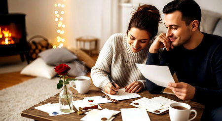 happy couple with envelopes writing letter to santa at christmasの素材