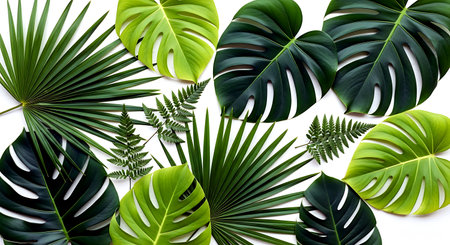 Tropical leaves on white background. Flat lay, top viewの素材